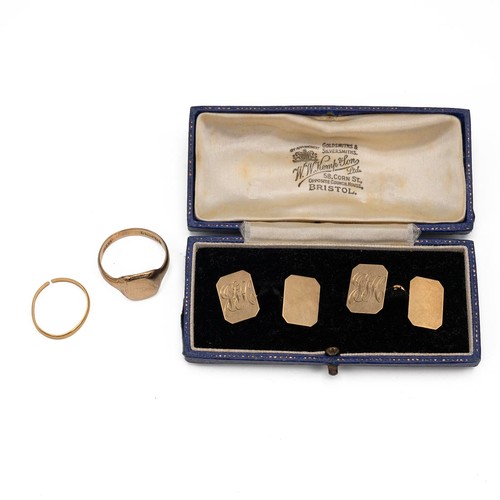 63 - A 22ct gold hallmarked cut wedding band, weight 1.28 grams; 9ct gold hallmarked signet ring size T, ... 