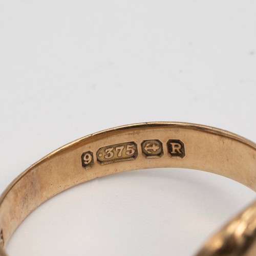 63 - A 22ct gold hallmarked cut wedding band, weight 1.28 grams; 9ct gold hallmarked signet ring size T, ... 