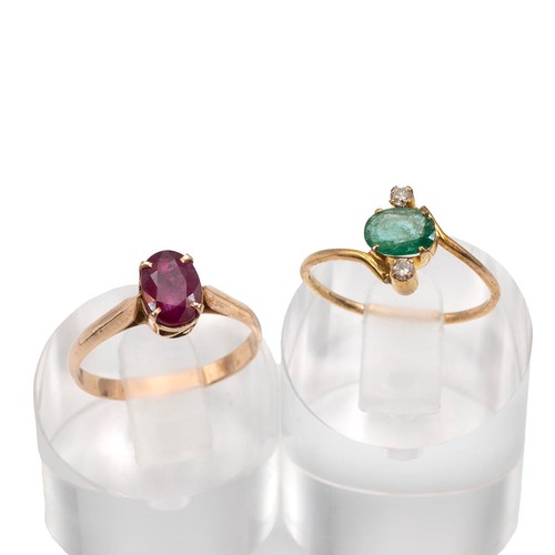 71 - Two 9ct gold rings, one set with a ruby and the other an emerald and diamond ring, size P, weight 3.... 