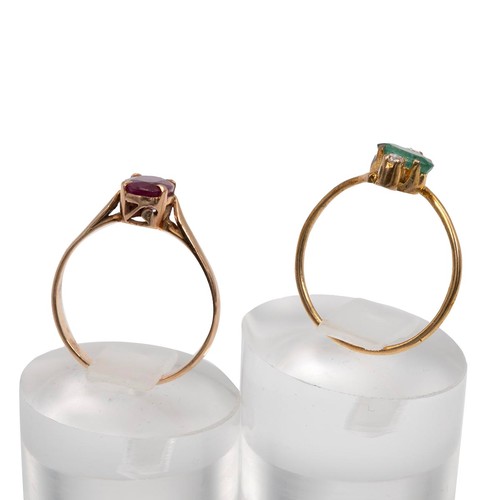 71 - Two 9ct gold rings, one set with a ruby and the other an emerald and diamond ring, size P, weight 3.... 