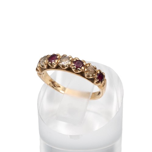 77 - An 9ct gold, diamond and ruby ring, with three old cut diamonds and three old cut rubies, size N, 2.... 