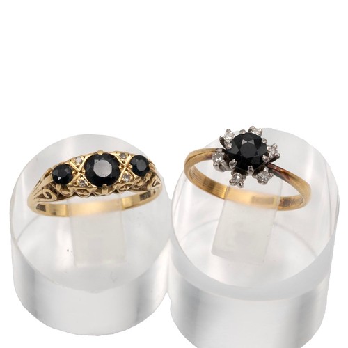 83 - Two 18ct gold hallmarked gem set dress rings, size N and P, weight 6.6 grams.