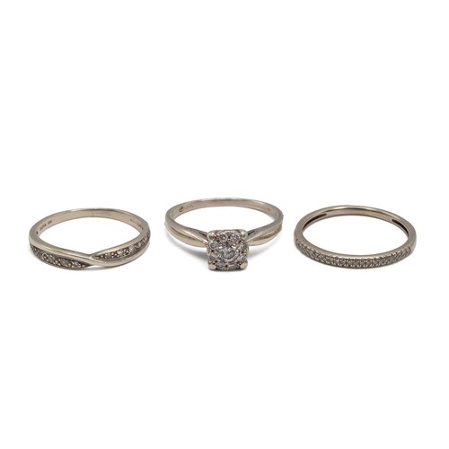 90 - Three 9ct white gold rings, wedding band, eternity and a diamond 9ct white gold, centre stone approx... 