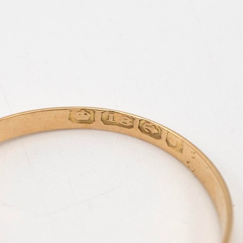 95 - 18ct gold hallmarked Gypsy style ring set with three diamonds, size O, weight 2.4 grams.