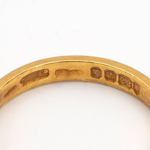 96 - Two 22ct gold hallmarked wedding bands, size J and L, gross weight 13.56 grams.