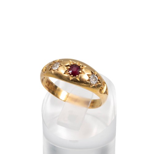 100 - 18ct gold gypsy style ring set with a central ruby approx 0.15ct, flanked by two diamonds each, appr... 