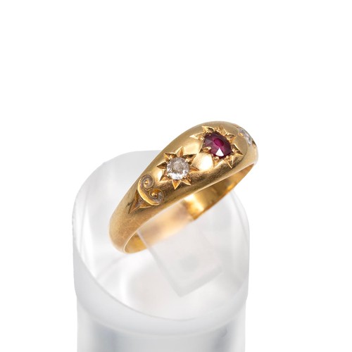 100 - 18ct gold gypsy style ring set with a central ruby approx 0.15ct, flanked by two diamonds each, appr... 