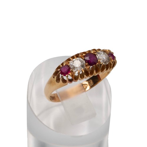 127 - An 18ct gold, ruby and diamond ring set ring, the old cut diamonds measuring approximately 0.50 cara... 