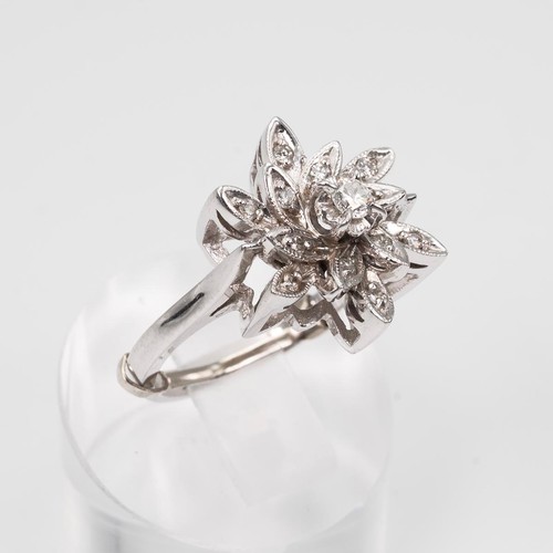 131 - A 14ct white gold and diamond cluster ring in an open setting, in the form of a flower head, the cen... 