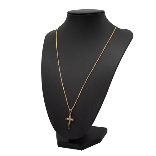 147 - A 9ct box link necklace and cross with spring clasp, drop 27cm, weight 3.1 grams.