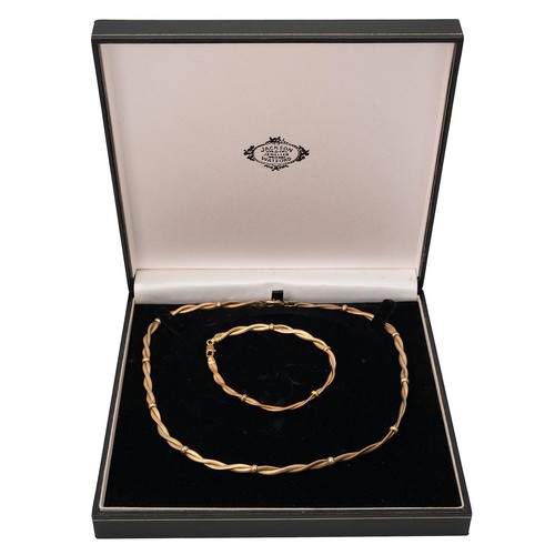154 - A 9ct gold hallmarked rope twist and beaded matching bracelet and necklace set, both with lobster cl... 
