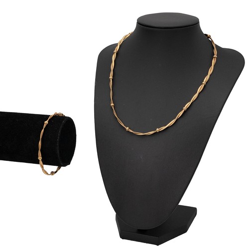 154 - A 9ct gold hallmarked rope twist and beaded matching bracelet and necklace set, both with lobster cl... 