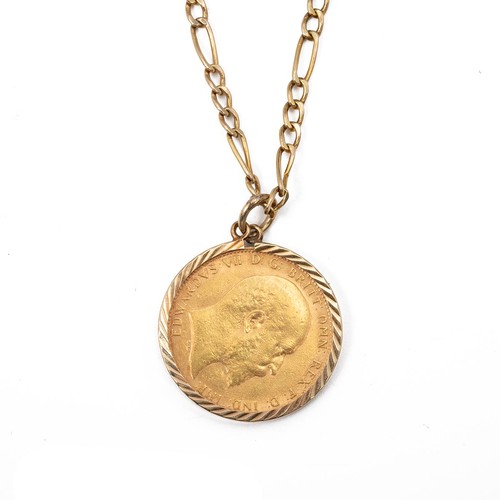 160 - A 1909 full sovereign, on a 9ct gold mount and necklace, 11.5 grams.