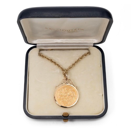 163 - 1911 George V gold sovereign pendant necklace with 9ct gold necklace, 61cm, gross weight 22 grams.