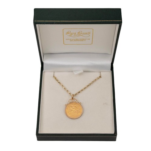 164 - 1911 George V half sovereign pendant necklace with spring ring clasp, L46cm, gross weight 9.8 grams.