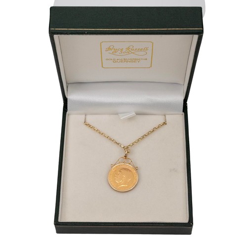 164 - 1911 George V half sovereign pendant necklace with spring ring clasp, L46cm, gross weight 9.8 grams.