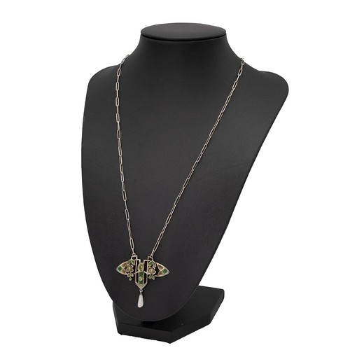 167 - A 20th-century Jungenshill style pendant of Art Nouveau style, set with enamel, peridots and a drop ... 