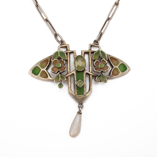 167 - A 20th-century Jungenshill style pendant of Art Nouveau style, set with enamel, peridots and a drop ... 