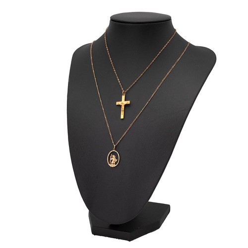 168 - Two 9ct gold pendant necklaces, one with a cross, L54cm, and an open St Christopher, L52cm, gross we... 
