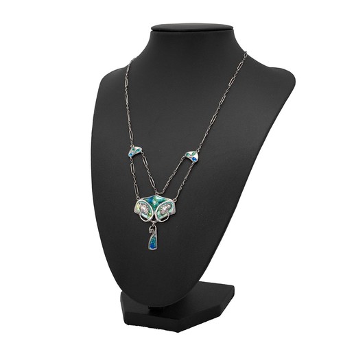 169 - Murrle Bennett and Co., an Art Nouveau silver and enamel foliate necklace, to a link chain and bar c... 