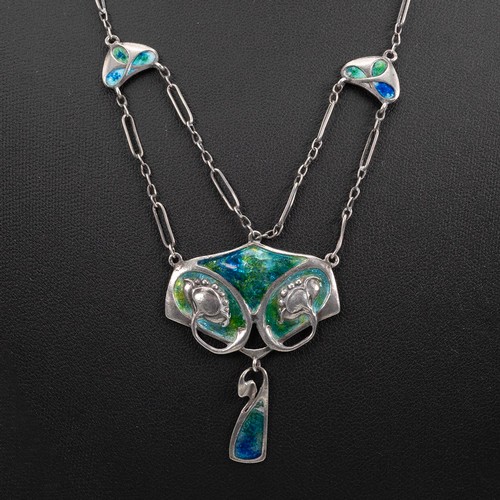 169 - Murrle Bennett and Co., an Art Nouveau silver and enamel foliate necklace, to a link chain and bar c... 