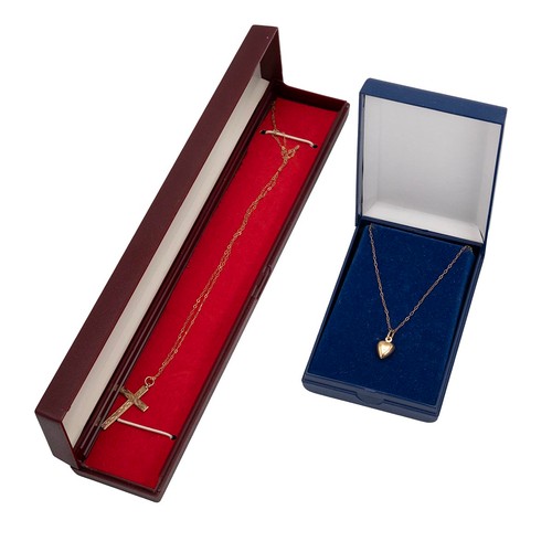 174 - A 9ct gold cross and necklace and a 9ct gold necklace with a heart shaped pendant, L 42cm and 40cm, ... 