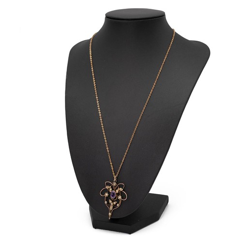 176 - 9ct gold Art Nouveau pendant necklace, the pendant set with an amethyst and seed pearls, length of c... 