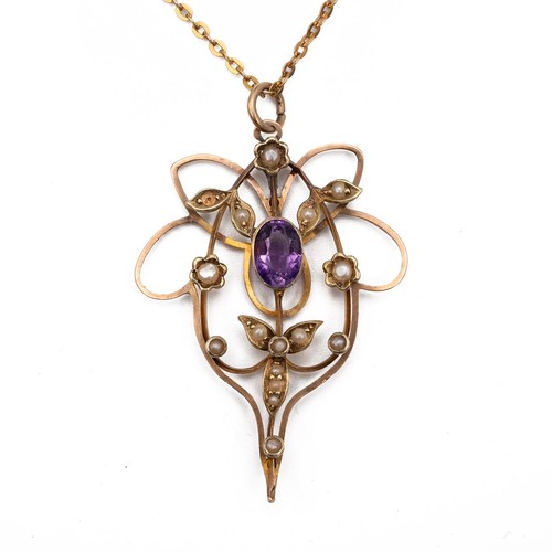 176 - 9ct gold Art Nouveau pendant necklace, the pendant set with an amethyst and seed pearls, length of c... 