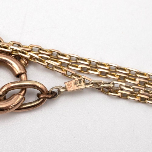 177 - Edwardian 9ct guard/muff chain with spring ring clasp, L126cm, weight 8.1 grams.