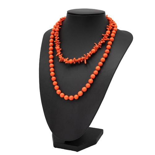 179 - Two vintage coral necklaces, a knotted beaded necklace, L48cm, and a L38cm necklace.