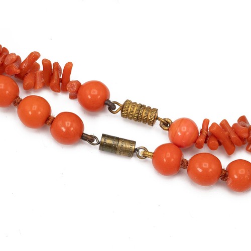 179 - Two vintage coral necklaces, a knotted beaded necklace, L48cm, and a L38cm necklace.
