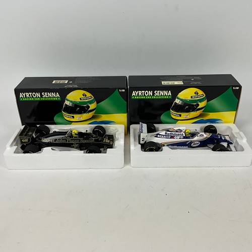 289 - Two Grand Prix legends, die-cast 1/18 scale F1 model cars, Ayrton Senna's Lotus and Williams.