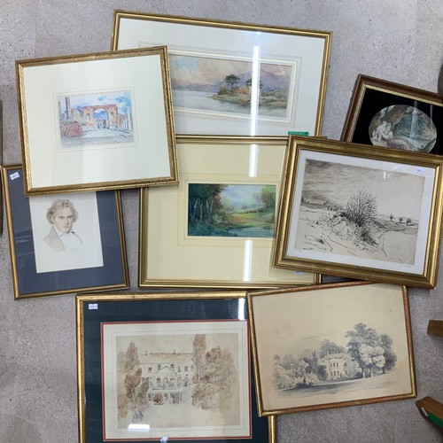 26 - A collection of eight pictures, to include a watercolour portrait, three watercolour landscapes, two... 