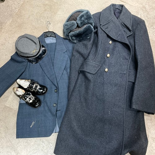 22 - Selection of clothing to include RAF woollen trench coat and Russian style faux fur hat and other it... 