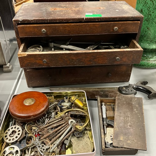 49 - Wooden tool box with vintage tools and assortment of keys and other items.
