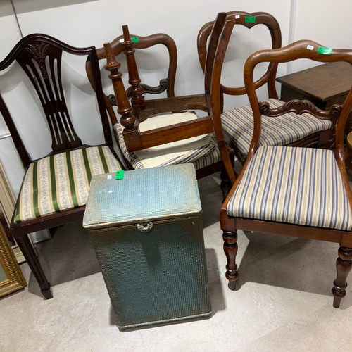 37 - Two pairs of Victorian chairs, one other single chair and a Lloyd Loom style basket.