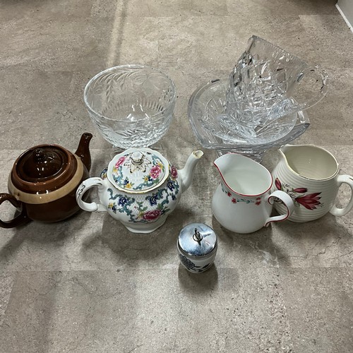 5 - Fine glassware including fruit bowl, jug vase etc. and two teapots.