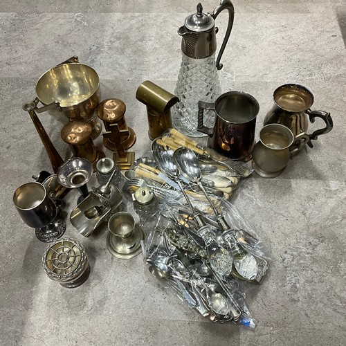 6 - Bag of cutlery, plated items to include a glass claret jug and other items.