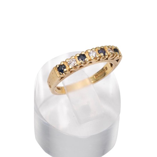 65 - 18ct gold diamond and sapphire half eternity ring set with three diamonds and four sapphires mounted... 
