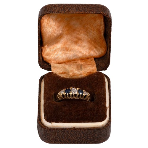 70 - 18ct gold three stone diamond and two stone sapphire ring, the central diamond approx 0.2ct flanked ... 