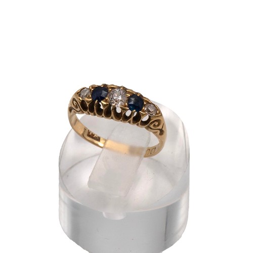 70 - 18ct gold three stone diamond and two stone sapphire ring, the central diamond approx 0.2ct flanked ... 