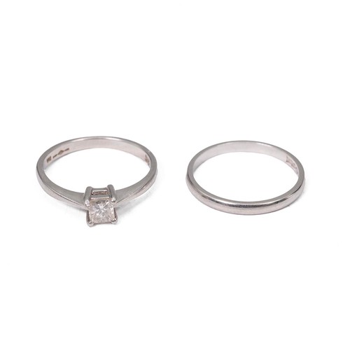 84 - Two platinum rings, A princess cut solitaire  diamond ring size J weight 2.7 grams and a wedding ban... 