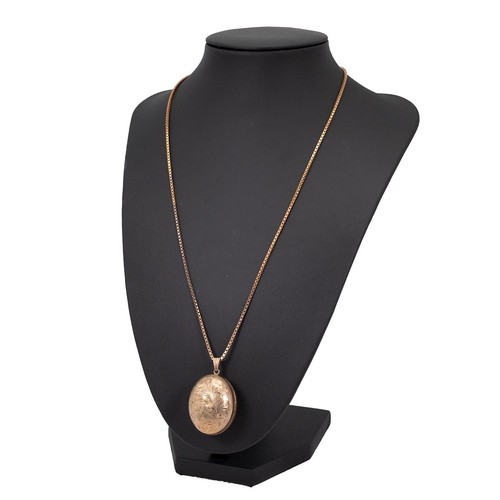 114 - 9ct gold oval ball locket with engraved decoration and box link necklace with spring ring clasp, dro... 