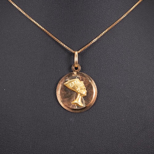 115 - 18ct gold stamped 750, Egyptian pendant necklace with box links and spring ring clasp, drop 33.5cm, ... 