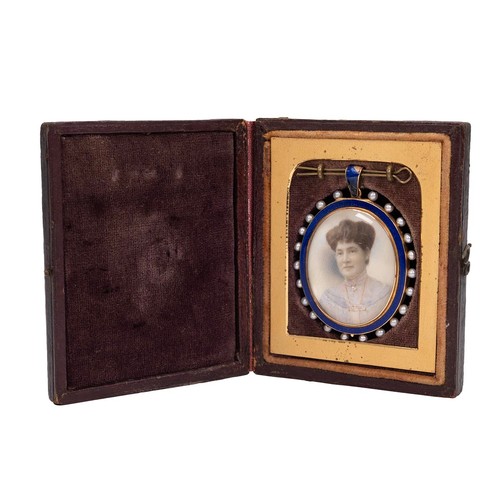 140 - A late 19th century portrait of a female in a cobolt blue enamel and seed pearl locket, with further... 