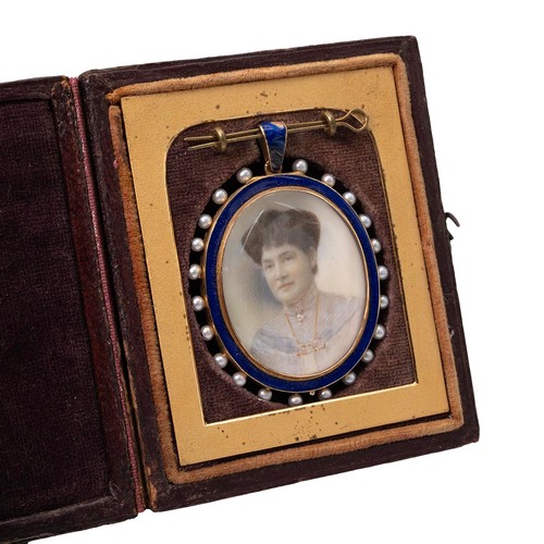 140 - A late 19th century portrait of a female in a cobolt blue enamel and seed pearl locket, with further... 