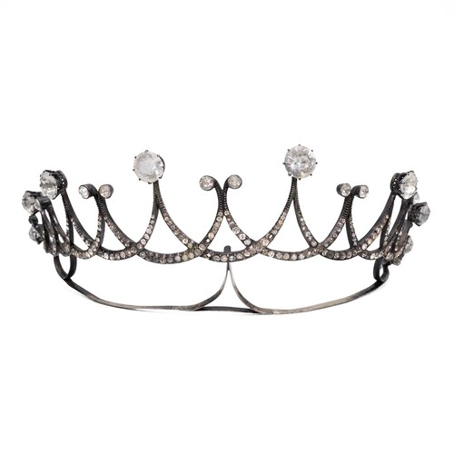 162 - A 19th Century silver and paste tiara, of graduated interwoven scroll design, the tops set with larg... 