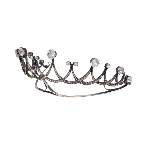 162 - A 19th Century silver and paste tiara, of graduated interwoven scroll design, the tops set with larg... 
