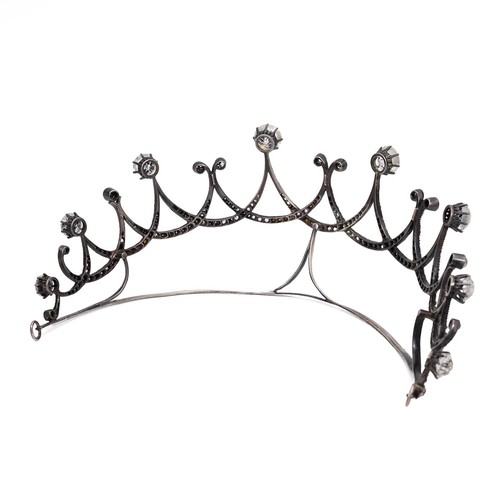 162 - A 19th Century silver and paste tiara, of graduated interwoven scroll design, the tops set with larg... 