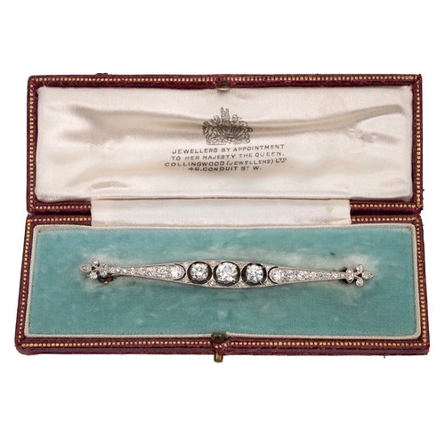 163 - 18ct white gold (tested) with 9ct white gold clip (tested) diamond encrusted bar brooch, the central... 
